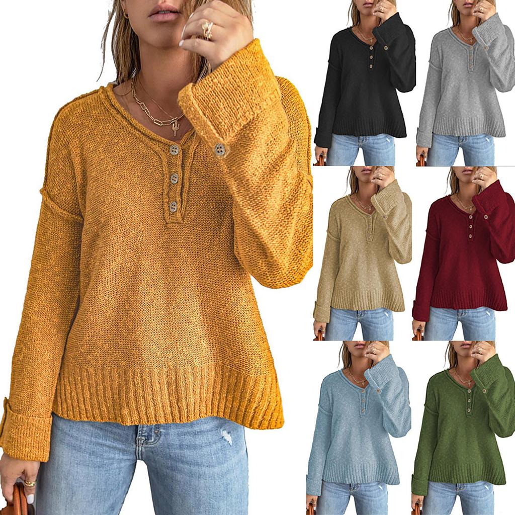 Women's Temperament Casual Solid Color Button Off Shoulder Loose Knitted Sweater