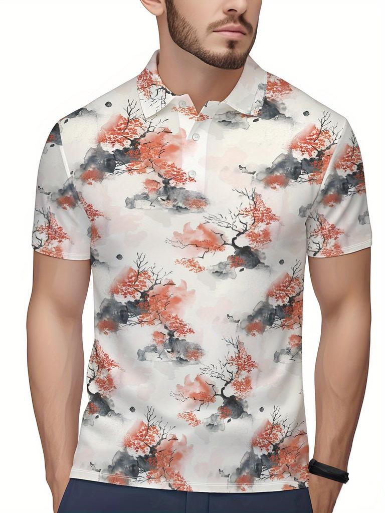 Men'S Short-Sleeve Polo Shirt with Flat Digital Print Pattern - No Texture