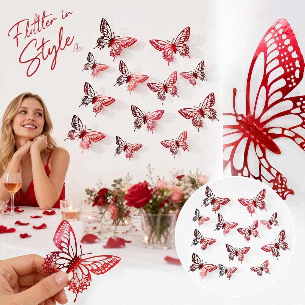 Butterfly Wall Stickers 12 Pack, 3D Hollow Single Layer Cutout, Party Decoration for Home Room Decor