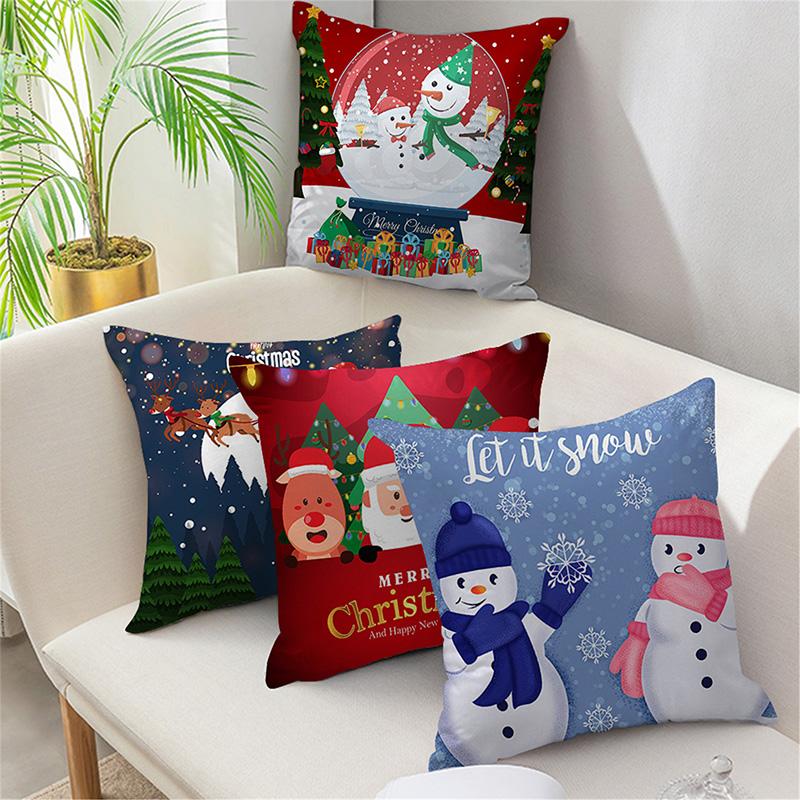 Merry Christmas Cushion Cover Home Pillowcase Santa Claus Christmas Tree Snowman Polyester Pillowcase