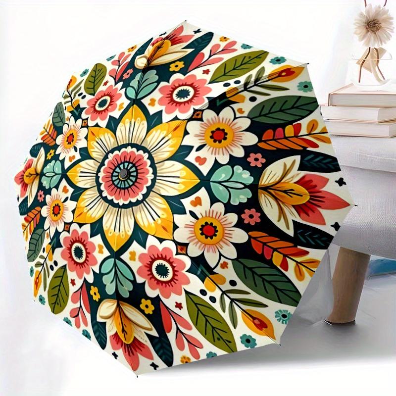 1pc Floral Mandala Automatic Folding Umbrella, 8-Rib Sturdy Canopy, Portable Travel Umbrella for Outdoor Use