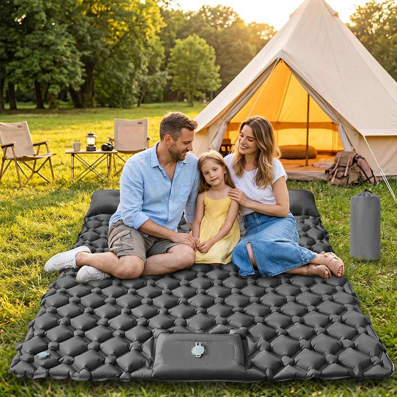 Double Inflatable Camping Pad with Built-in Foot Pump & Pillow - TPU Rhombus Design for Outdoor Sleeping