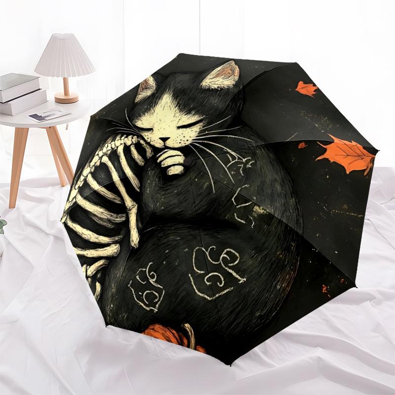 1pc Cat Skeleton Automatic Open/Close Umbrella - Foldable Compact 8-Rib Shaft, Vibrant Skeleton Cat Design with Orange Leaves