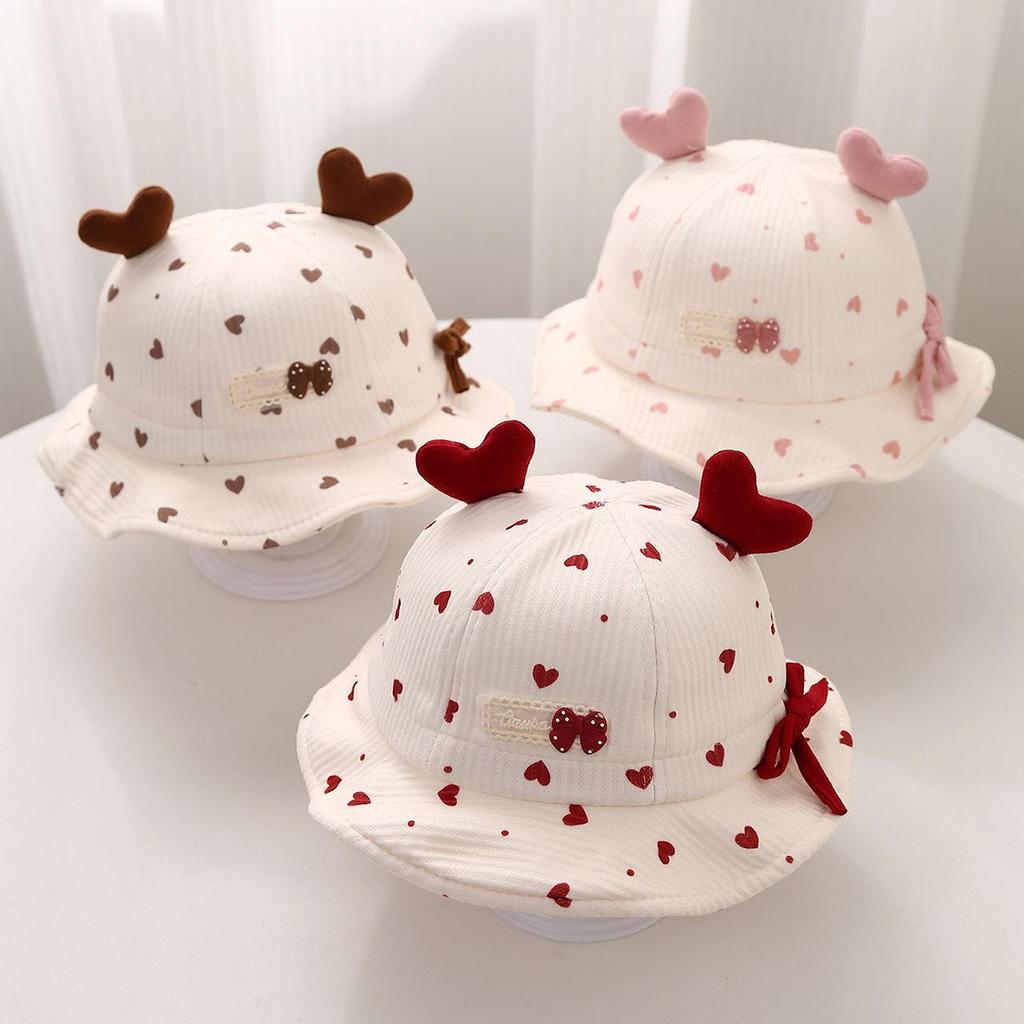 Sweet Baby Girl Bucket Hat Cute Heart Bow Toddler Fisherman Cap Outdoor Sunshade Kids Ruffled Hats