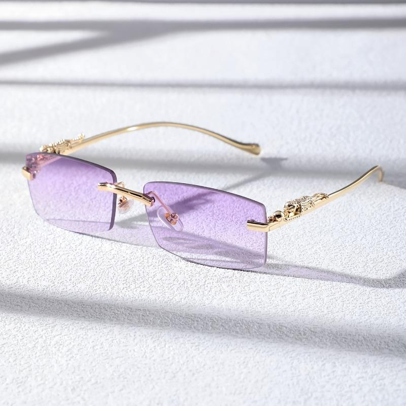 Retro Square Rimless Sunglasses Frameless Gradient Lens Seaside Cheetah Decoration UV Protection