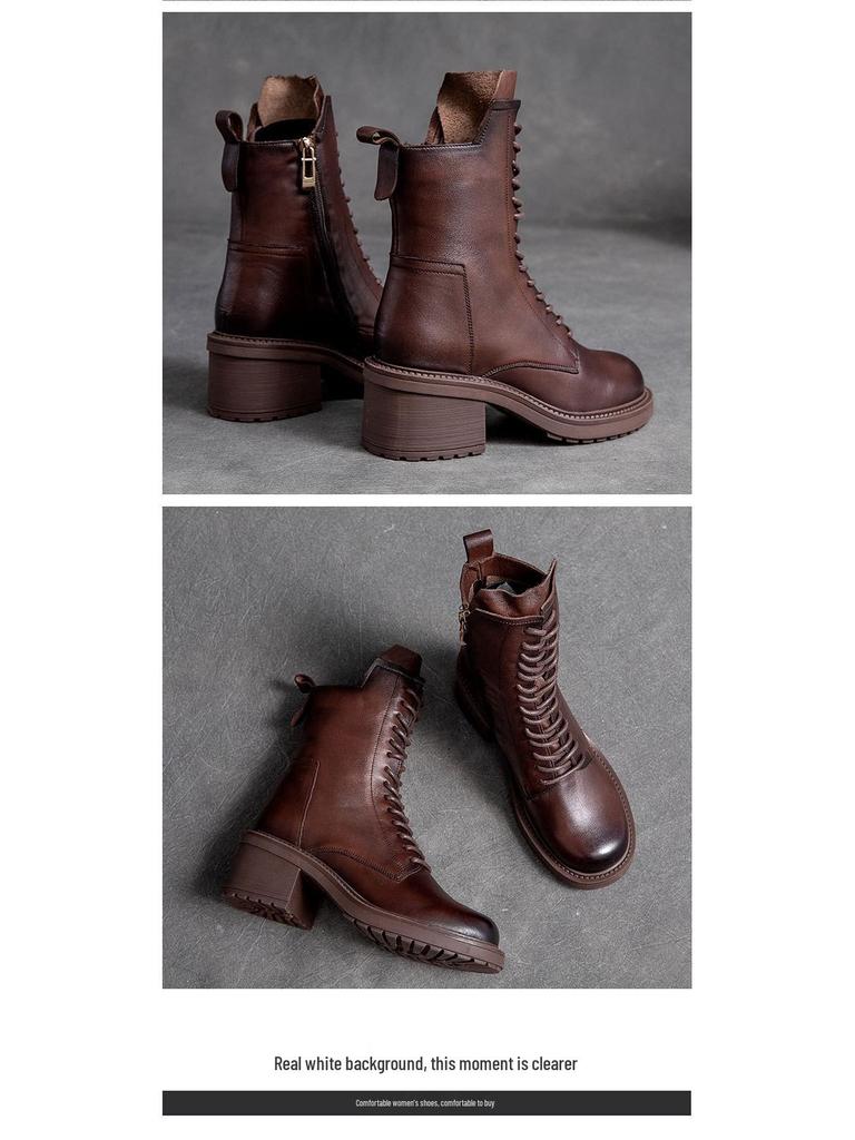 Shanghai Jie Zhou Herbstliche Stiefeletten mit runder Zehenpartie, Blockabsatz, aus Rindsleder, modische Martin Boots mit seitlichem Reißverschluss – Mittelhohe Stiefeletten