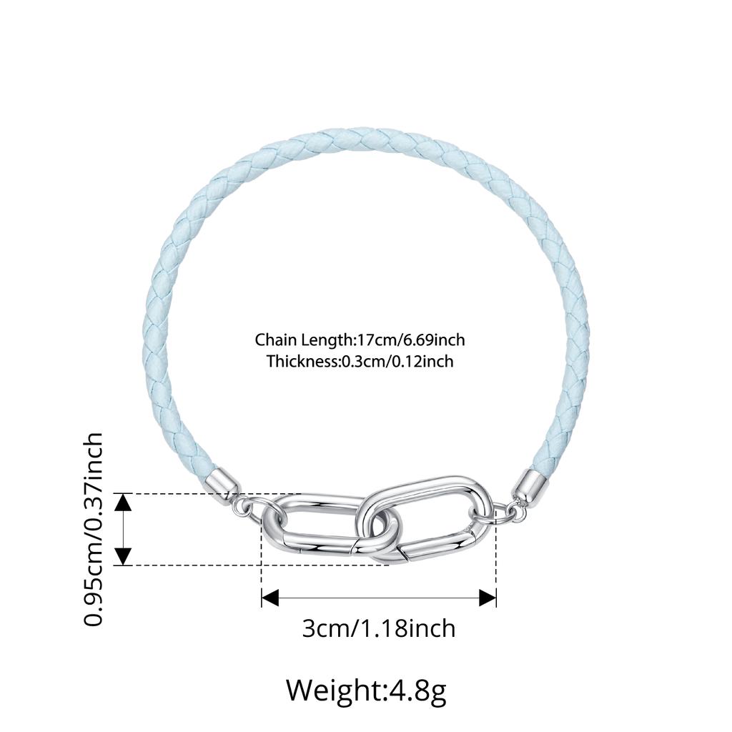 WOSTU DIY 925 Sterling Silver Leather Bracelet Light Blue Braided Rope with Interlocking Clasps Fit For Charms Bead for Women