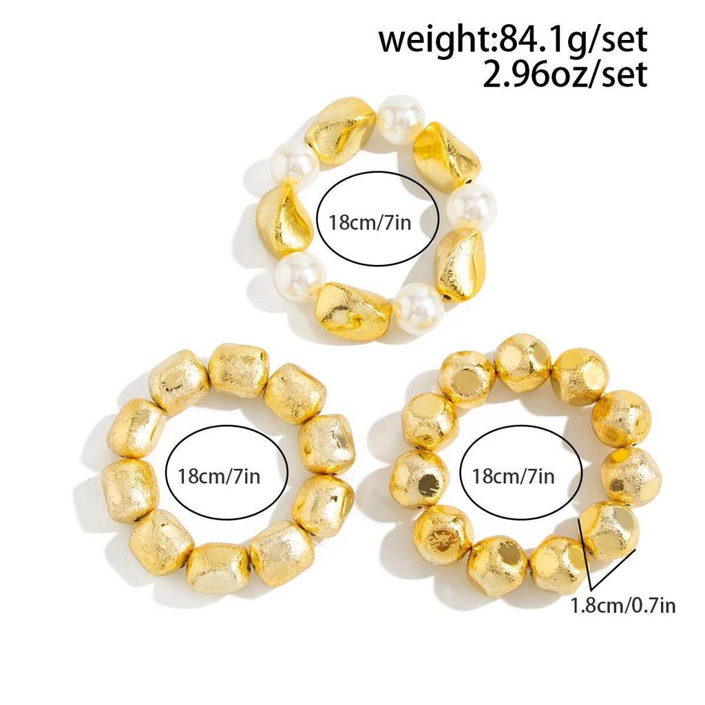 SHIXIN Set da 3 Pezzi Braccialetti Elastici Impilabili Vintage con Perle Finte per Donna Punk Colore Oro Braccialetto Irregolare con Perline Acriliche