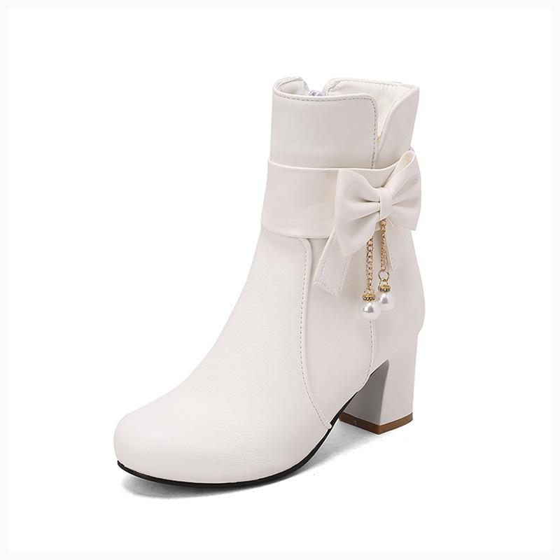 Large Size - Short Boots Coarse Heel White Martin Boots Sweet beautiful women boots Winter