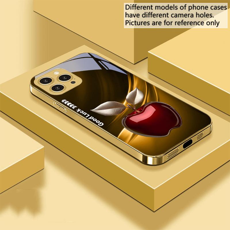 Simple Black Happy Apple For IPhone 16 Pro Max 15 P Ro 14 13 Plus 12 Mini 11Pro Max XS Max XR Golden Tempered Glass Phone Case