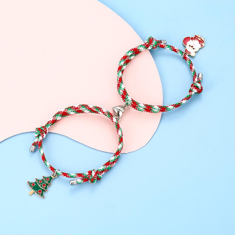 Santa Claus Magnet Heart Couple Bracelets - Drip Oil Alloy Christmas Pair