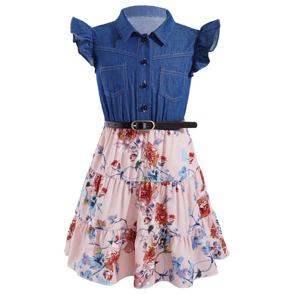 Girls Dresses Denim Floral Swing Skirt with Belt Girls Fashion Causal Clothes