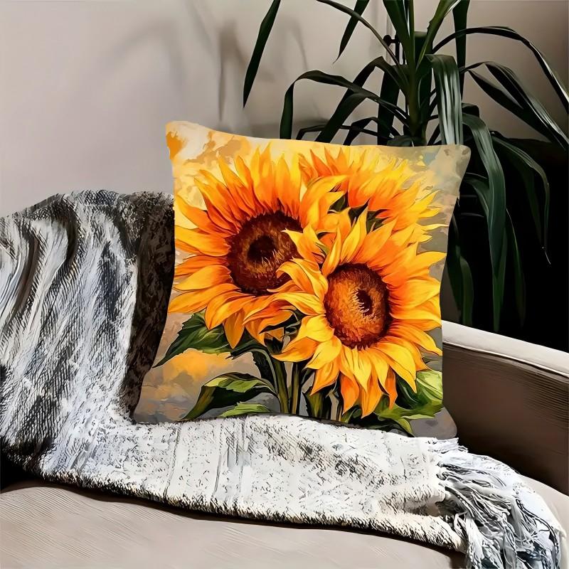 1Pc Oil Painting Style Sunflower Printed Throw Pillow Cover, Suitable For Sofa,Bedroom,Livingroom,Elegant Gift For Flower Lovers
