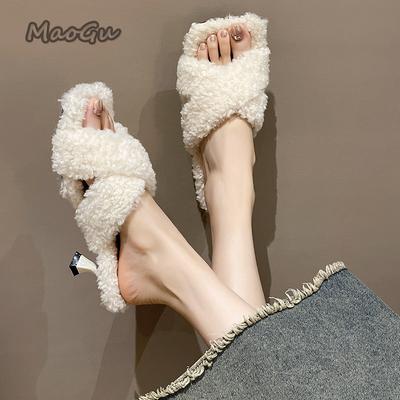 Fashion Plush Velvet High Heel Slippers for Women's Outdoor Wear 2025 Autumn New Collection Square Head Fashion Sandals Black Beige35-39