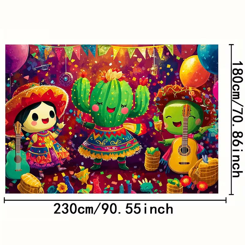 2D Mexican Fiesta Background, Dancing Cactus & Balloons Photo Booth Backdrop