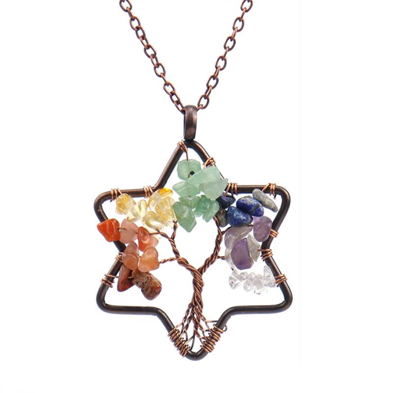 Handmade Wire Wrapped Six-Pointed Star Tree of Life Necklace with Natural Crushed Stone Crystal Beads