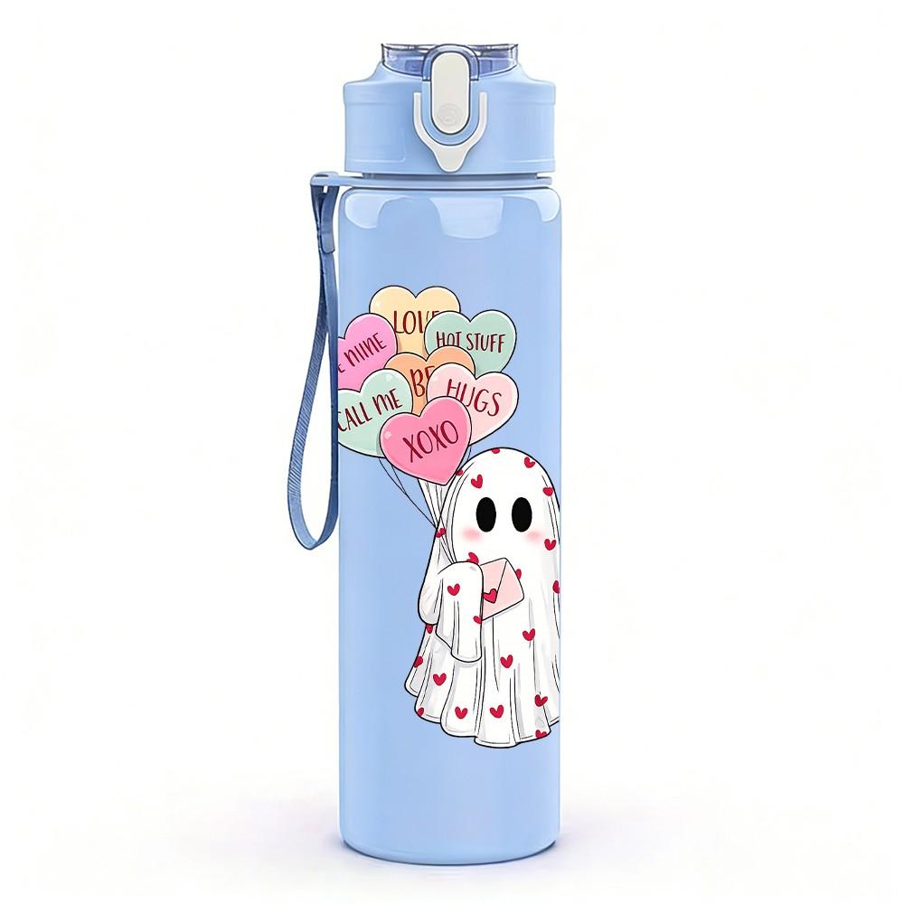 1PC Ghost Holding Flower Halloween Print 750ml Color Plastic Sports Water Bottle Leakproof Flip Straw Lid Suitable for Sports Office Home Use