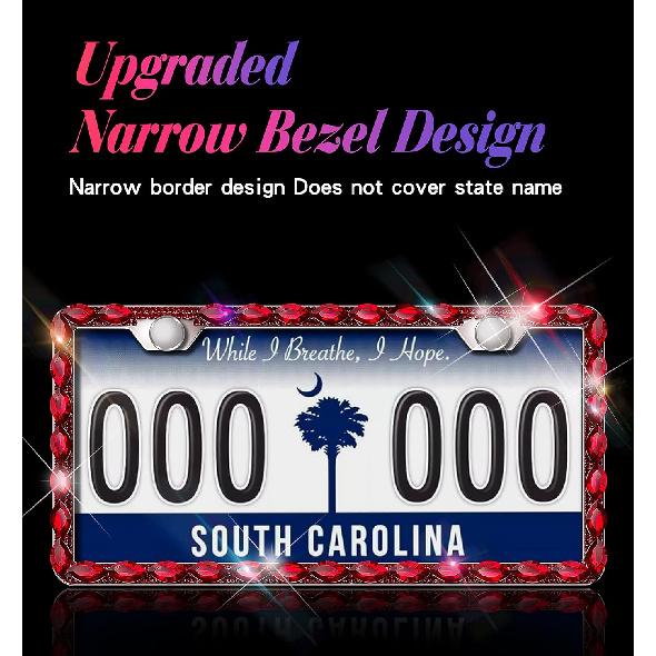 Red Bling License Plate Frame, Sparkly Stainless Steel License Plate Holder For Women, Set With 44 Gemstones, 400 14 Faceted Glass Diamond