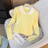 Sweet and Youthful Color-blocking Doll Neck Long-sleeved Knitted Sweater for Women, A Stylish Single-breasted Loose Short Top for Autumn