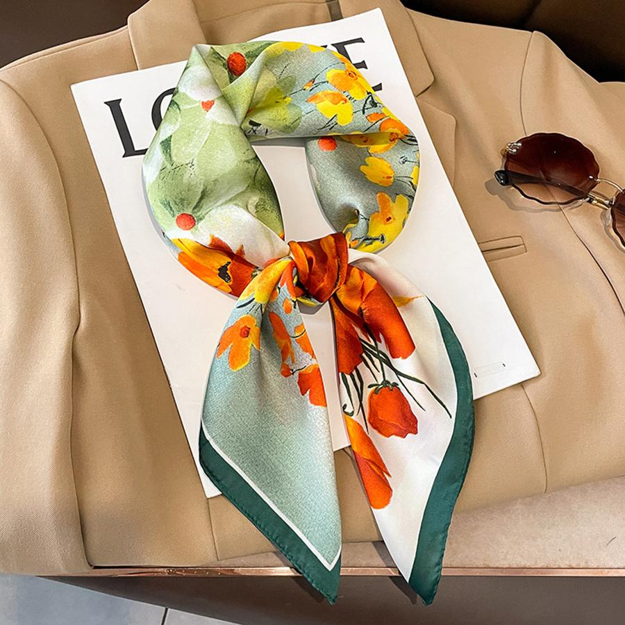 70cm Women Square Silk Scarf Flower Print Small Neckerchief Female Shawl Headscarf Foulard Bandana  Accessories Wap Hijab