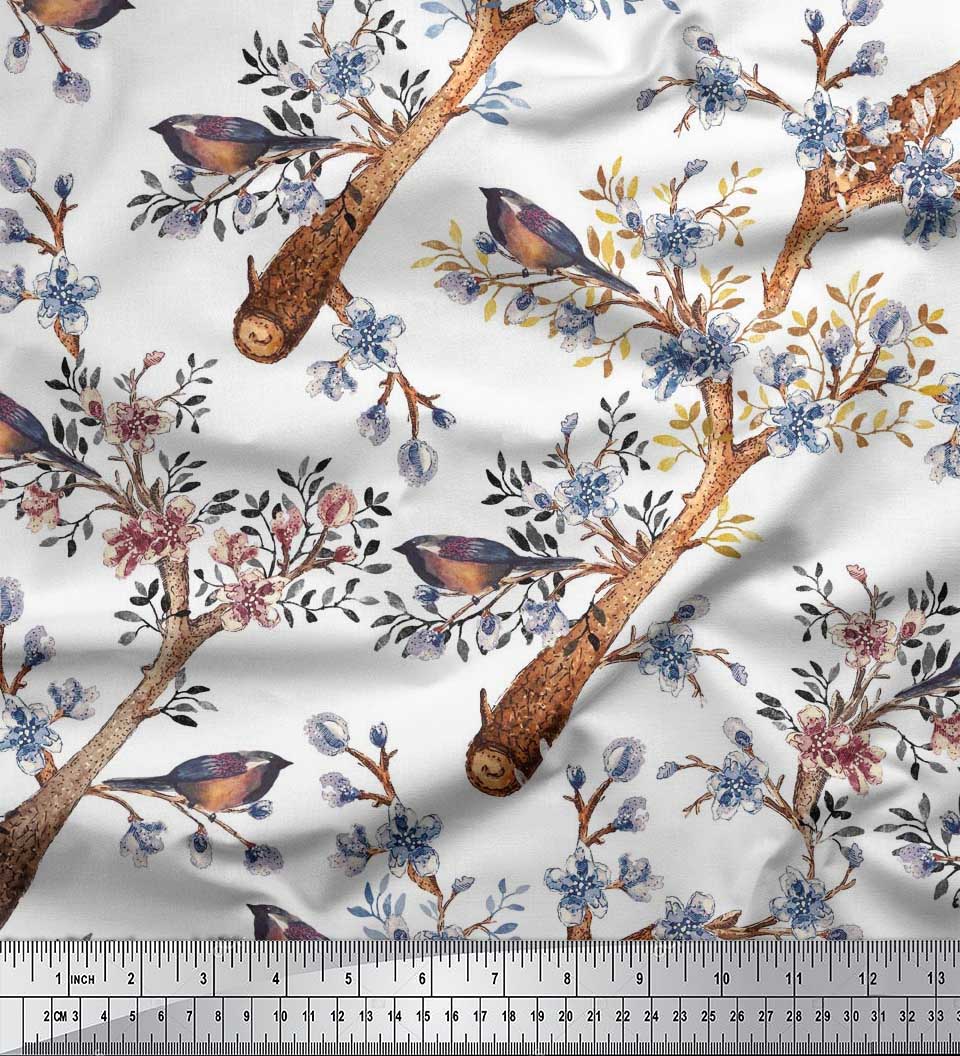 

Тканина для рукоділля Soimoi Japan Crepe Satin Fabric Floral & Robin Bird Printed на метри 42 дюйми 42 Inch Wide - Poly Crepe білий