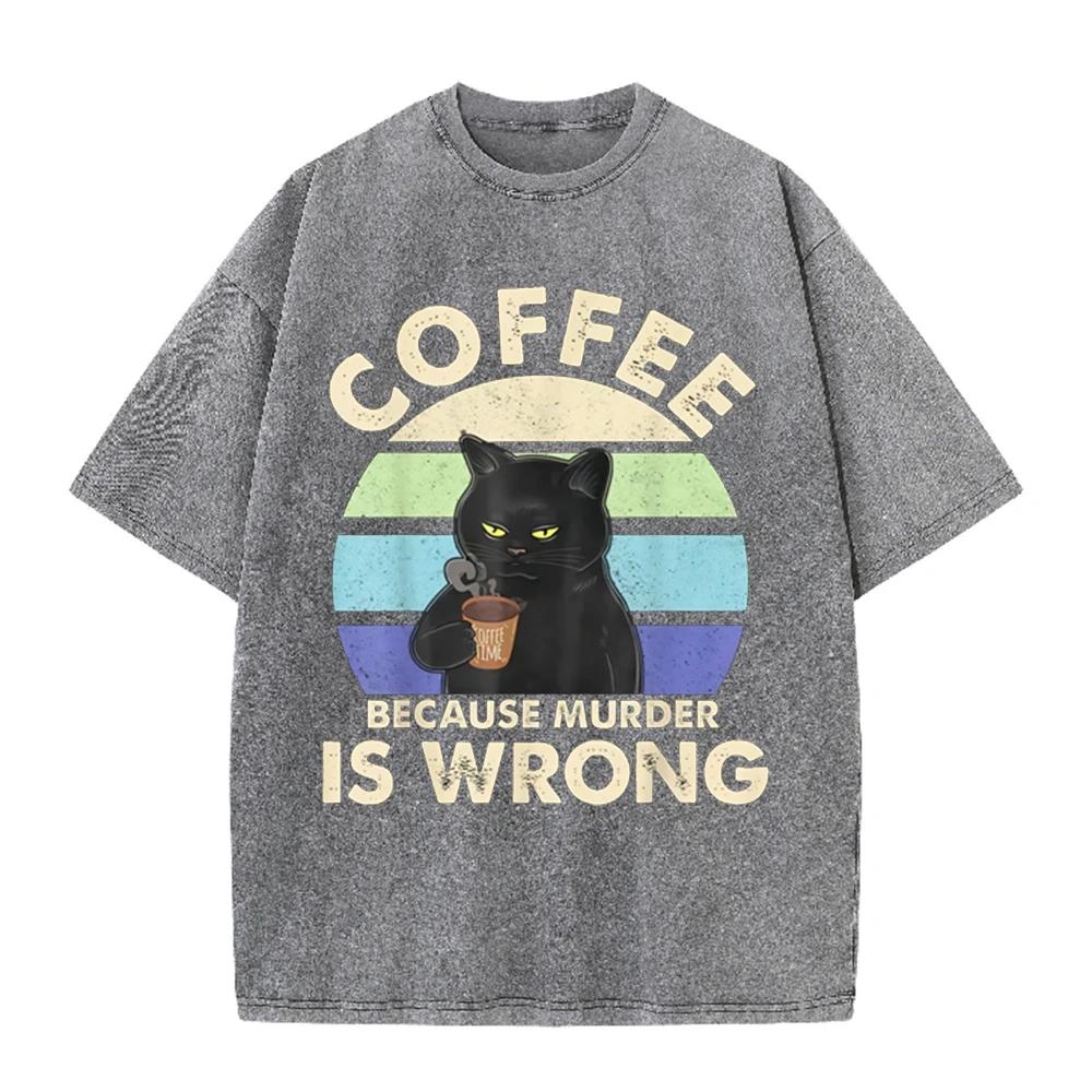 2026 Vintage Retro Sunset Black Cat Coffee Cup Graphic Black Acid Washed T Shirt Coffee Because Murder Is Wrong Funny Casual Ove