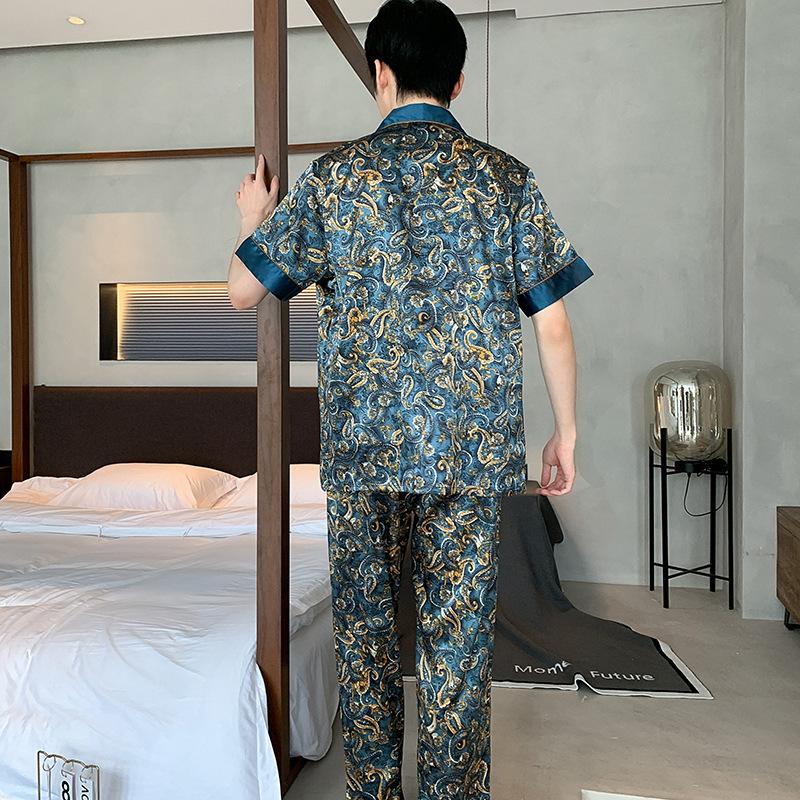 Pajamas men's summer ice silk short-sleeved trousers thin men can wear 1011 light luxury home simulation silk home suit