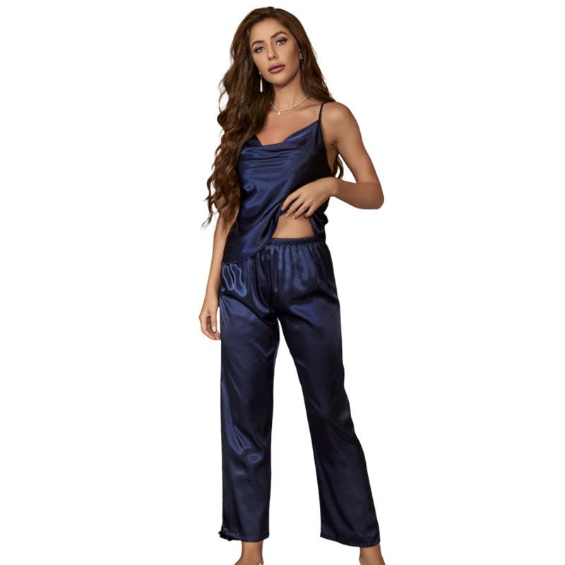 Ice Silk Pajamas Women's Casual Home Wear Fashion Sexy Sleep Trousers Suspenders Set