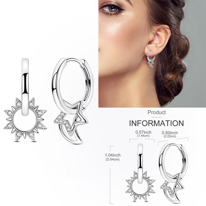 925 Silver Hoop Earring Moon Sun Earring Pendent Zircon Heart Shape Star Eardrop For Women Girl Making Jewelry