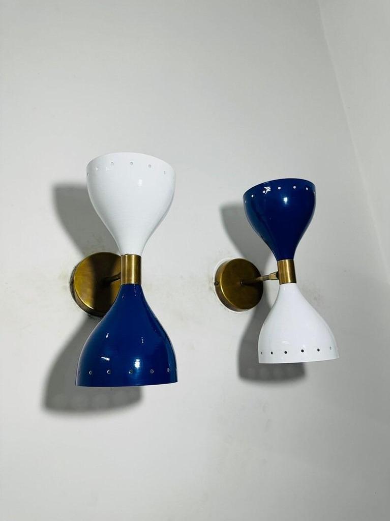 Mid Century Italian Brass Diabolo Wall Sconce Pair - Dark Blue & White