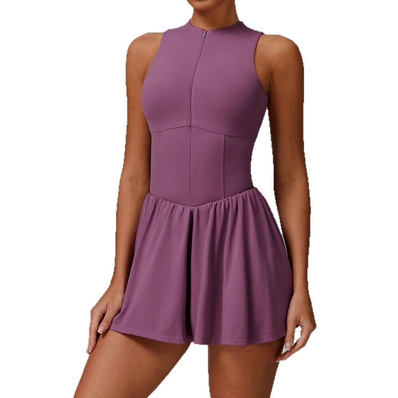Womens Athletic A-Line Dress With High Neck Built-in Shorts Running Yoga Tennis Sport Suit