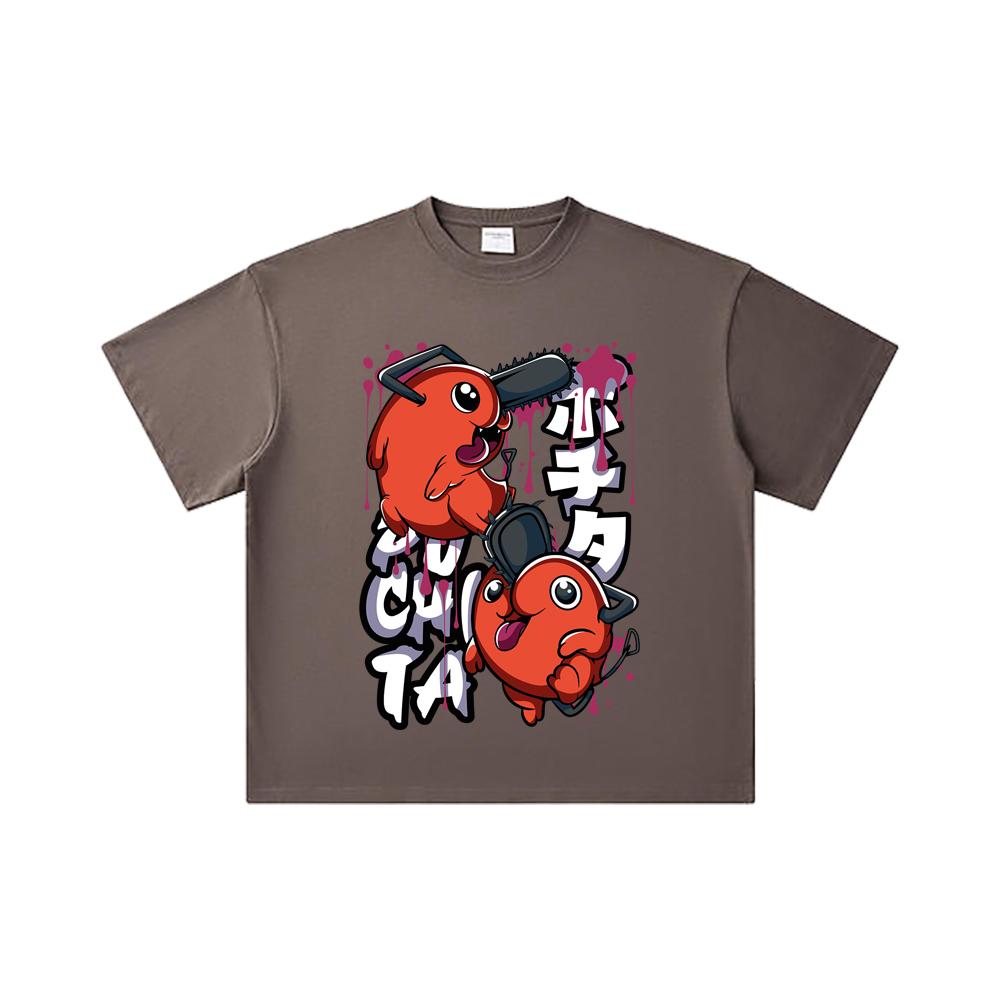 260 GSM Dvojitá příze 32 Počtu 100% Bavlna Chainsaw Man V37 Pochita Potisk Unisex Těžké Bavlněné Tričko