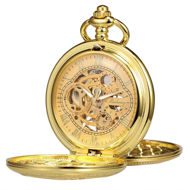 

TREEWETO pocket watch skeleton hand winding machine double case roman numerals antique with fob chain box gold