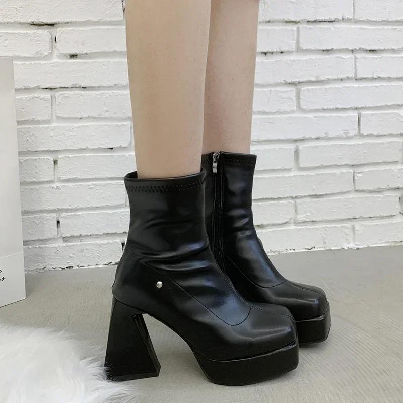 Super High Heel Women Short Booties Fashion Side Zippers Ankle Booties Autumn Female Platform Thick Heel Shoes
