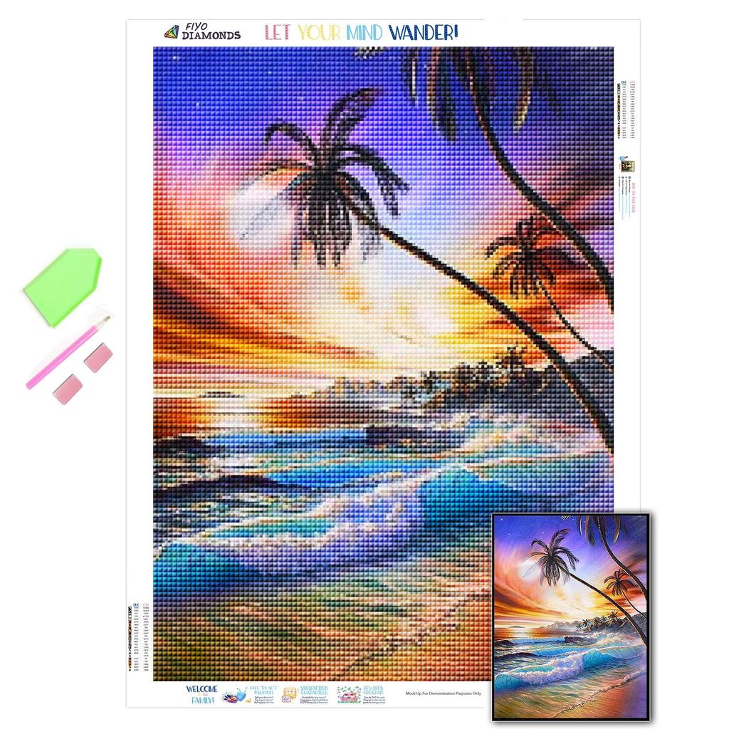 5D Diamond Painting Colorful Beach Pictures of Rhinestones Sunset Seaside Coconut Tree Landscape Diamond Embroidery Cross Stitch Mosaic Sale Decortion