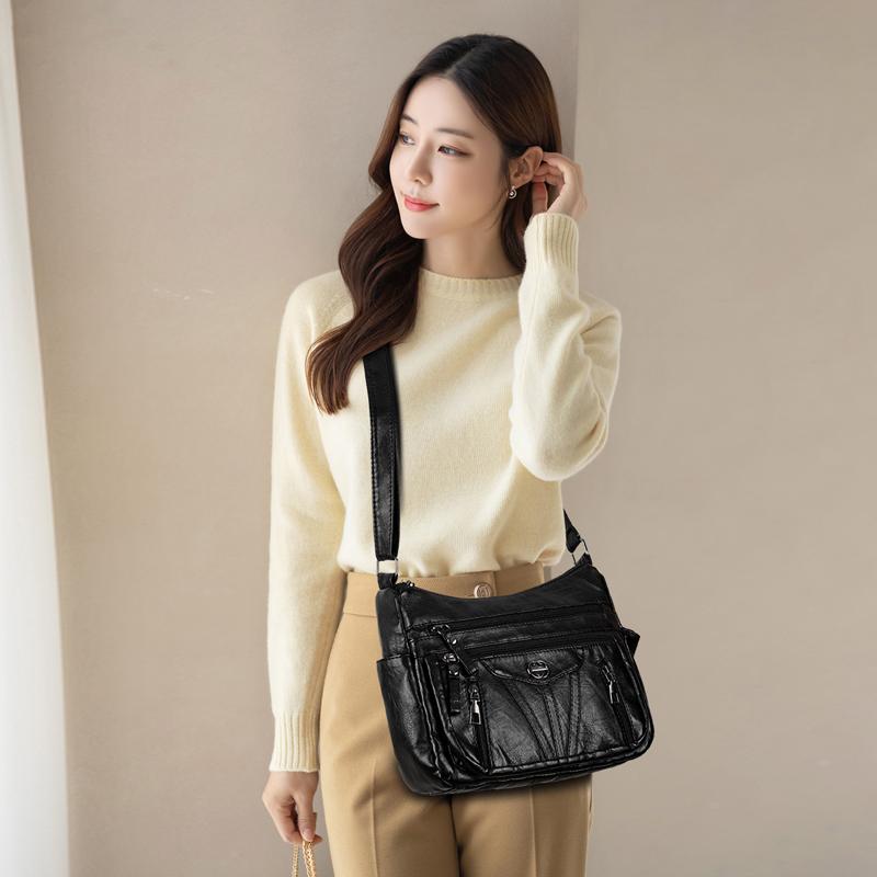 Dámská kabelka středního věku z měkké kůže, velkokapacitní vícevrstvá crossbody taška
