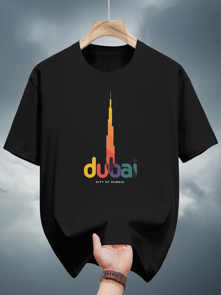 Casual Cotton T-shirt with Vibrant Dubai City Skyline Print - Short Sleeve