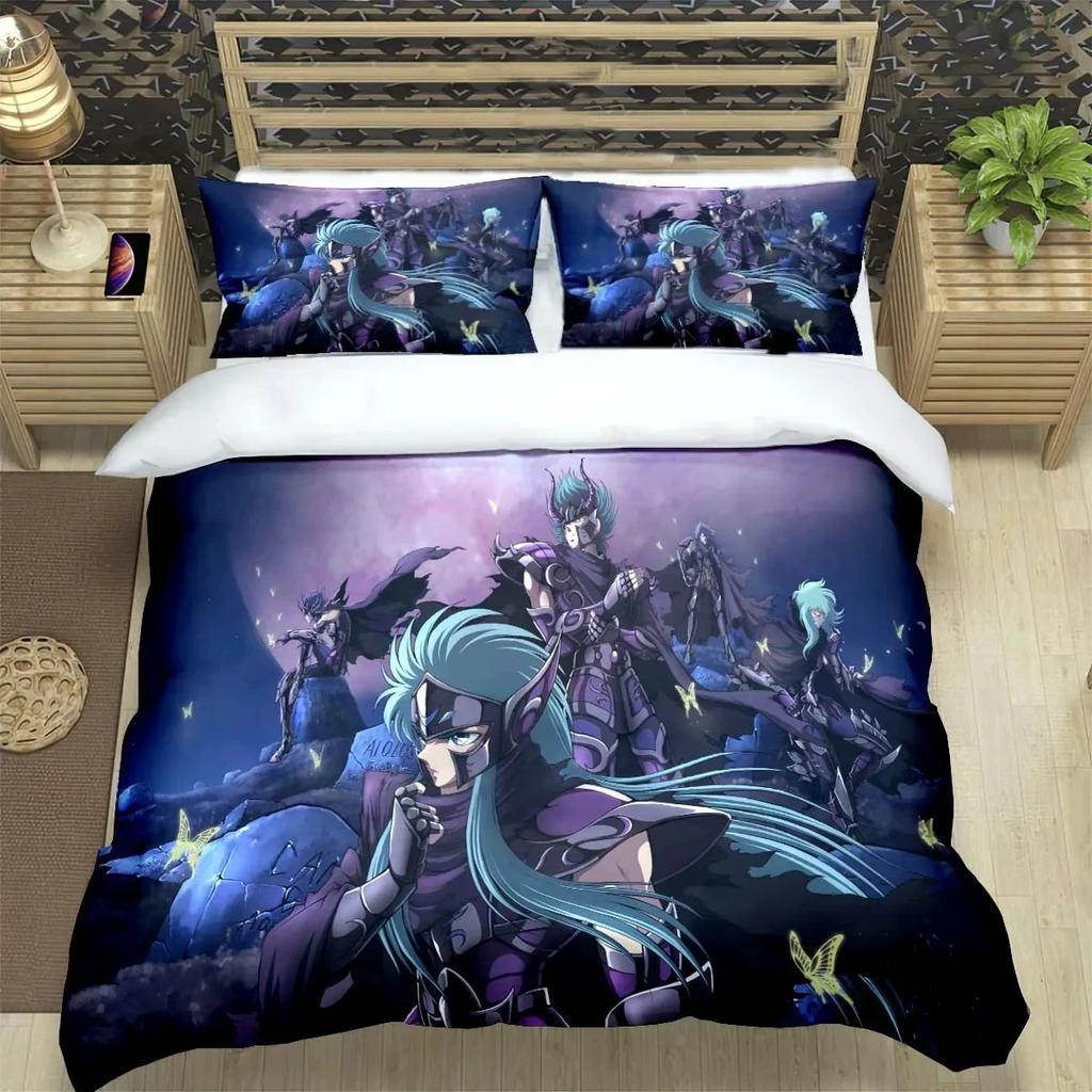 Saint Seiya 3D Bedding Set Black Duvet Quilt Cover Set Comforter Cover Pillowcase King Queen Size Polyester Quilt Cover