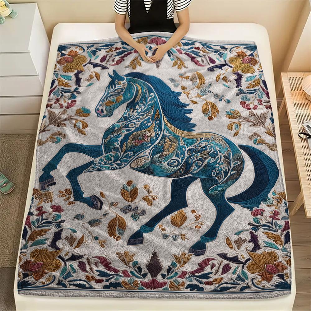 Blumenpferd-Print Flanelldecke, Hohe Qualität, Bequem für alle Jahreszeiten, Heimdekoration, Wärme und Komfort, Perfekt für Weihnachtsgeschenke