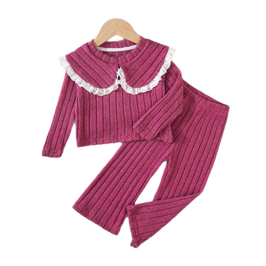 Girls' Autumn and Winter Knitted High Neck Lace Edge Patchwork Top+contrasting Pants Set, A Must-have for Casual and Versatile Outdoor Wear