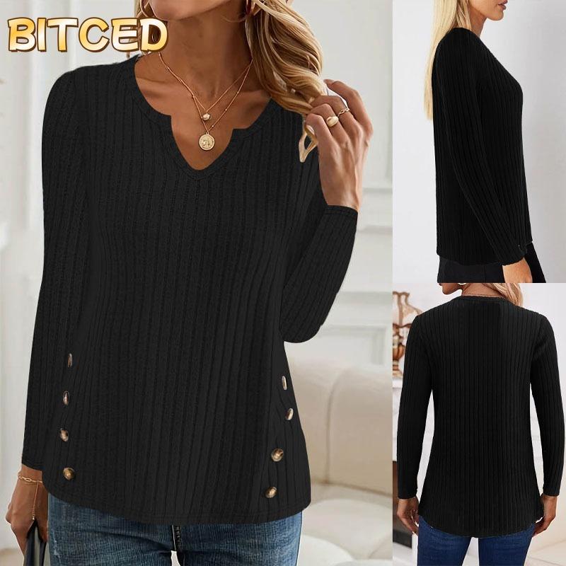 BITCED Women's Fashion Casual Solid Color Print Long Sleeve V Neck Blouses & Shirts International Design