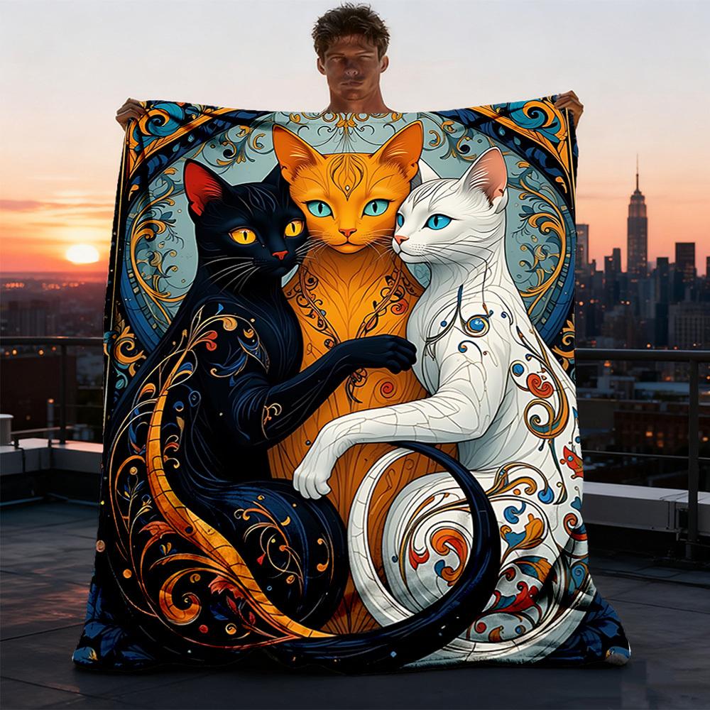 1pc Fantasy Cats Throw Blanket Polyester Fiber, Lightweight Flannel, Soft & Warm, All Season Use for Outdoor, Camping Digital Print