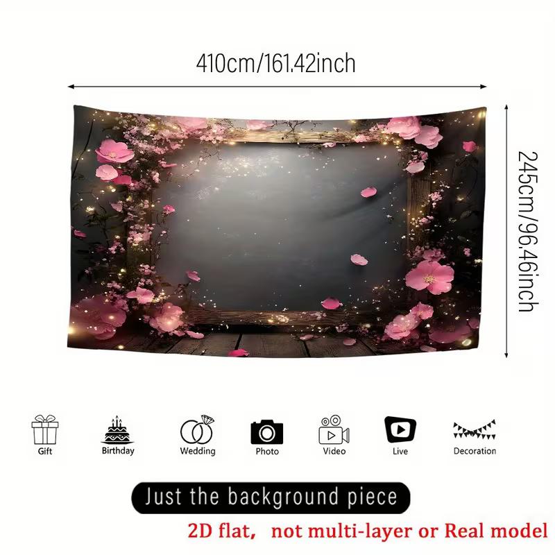 2D Dark Floral Tapestry Pink Rose Frame with Glowing Fairy Lights Party Background Cloth