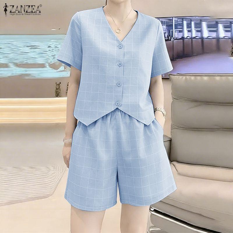 ZANZEA Women Short Sleeve Blouse and Shorts Plaid Print Casual Two Piece Suit Sets