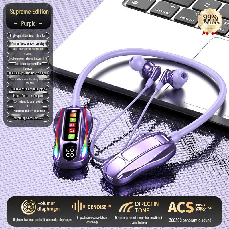 Wireless Neckband Bluetooth Headphones with Long Battery, Memory Card Slot, K-Song Ear Monitor, and HD Call Function.