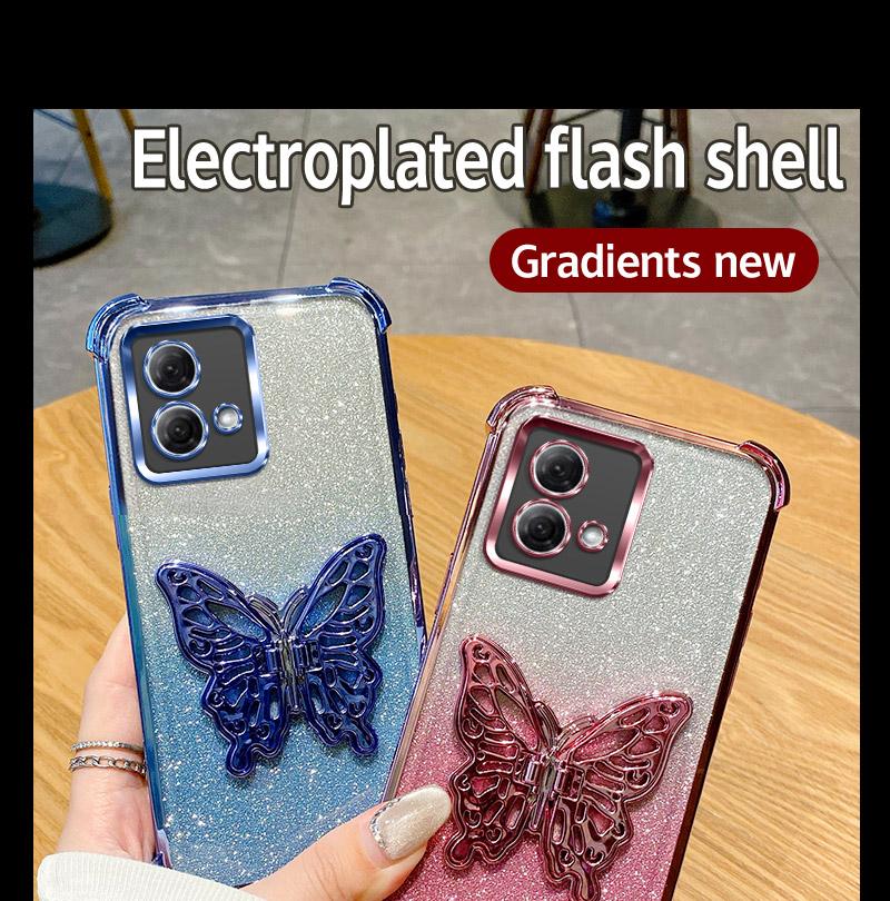 Luxury Plating Shockproof Butterfly Holder Phone Case For Motorola Moto G84 G54 G82 5G G52 G71S G10 G20 G30 Glitter Soft Cover