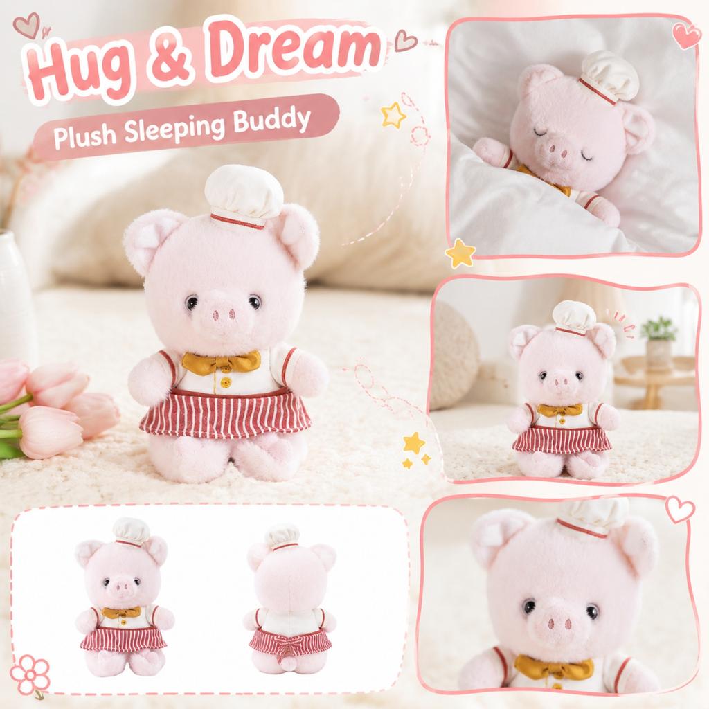 Plush Pig Doll Soft Stuffed Animal Toy with Chef Outfit Cartoon Design Cuddly Companion Pillow for Kids and Toddlers
