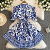 Summer Women Designer Vintage Print Runway Dress Elegant V-neck Single Breasted Party Dresses