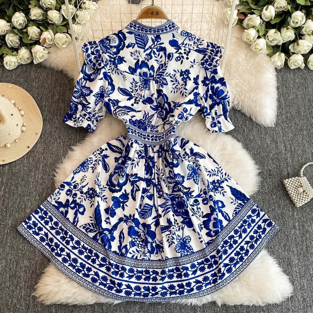 Summer Women Designer Vintage Print Runway Dress Elegant V-neck Single Breasted Party Dresses
