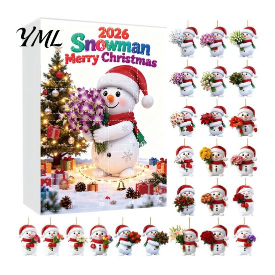 Snowman Hanging Ornaments Advent Calendar, 24Pcs Acrylic 2D Ornament Set Christmas Tree Decorations with Bouquet Flowers, Decor, Holiday Gift for Kids